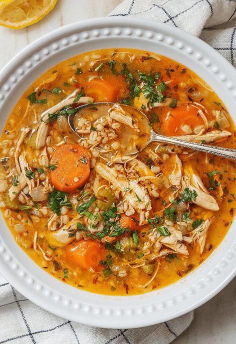 Soup With Barley, Chicken Barley, Chicken Barley Soup, Barley Recipe, Tried And True Recipes, Hearty Chicken, Barley Soup, Deep Dish Pizza, Healthy Soup Recipes