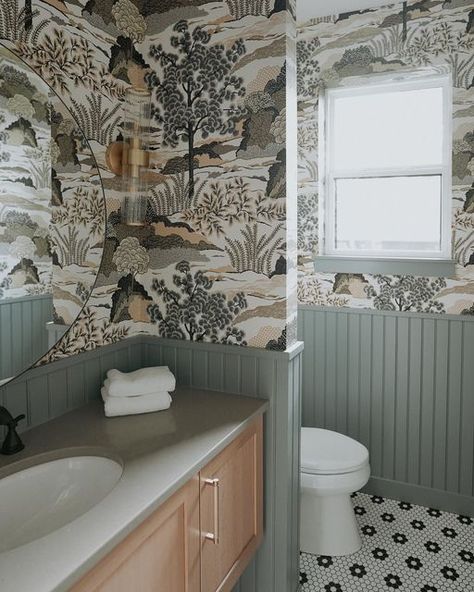 Bathroom Wainscotting And Wallpaper, Daintree Wallpaper, Bead Board And Wallpaper, Half Wallpaper Half Paneling, Beadboard Powder Room, Board And Batten Powder Room, Beadboard Wallpaper Bathroom, Beadboard Chair Rail, Half Wallpaper Half Paint