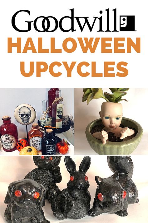 Get crafty this Halloween season with these spooky Goodwill Halloween Upcycles! â ï¸ #upcycle #DIY #HalloweenDIY Weird Halloween Decorations, Diy Halloween Decorations Upcycle, Repurpose Halloween Decor, Creepy Halloween Crafts For Adults, Goodwill Halloween Decor, Goodwill Crafts Diy, Goodwill Crafts, Halloween Crafts Spooky, Upcycled Halloween Crafts