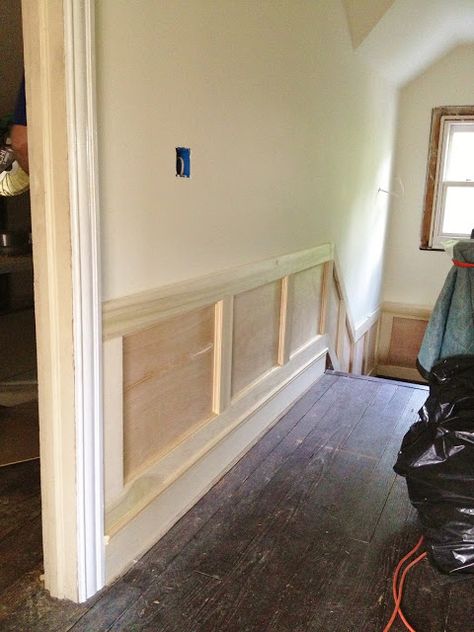 Wainscoting on the stairway - materials needed and installation tips - courtesy of High Street Market Recessed Wainscoting, Wainscoting Hallway, Wainscoting Stairs, Faux Wainscoting, Wainscoting Ideas, Painted Wainscoting, Wainscoting Bedroom, Wainscoting Bathroom, Dining Room Wainscoting