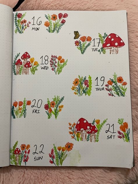 Mushroom Bullet Journal Theme, Mushroom Bullet Journal, Mushroom And Flowers, Heading Design, May Themes, Whiteboard Art, Journal Weekly, Bullet Journal Weekly Spread, Bujo Ideas