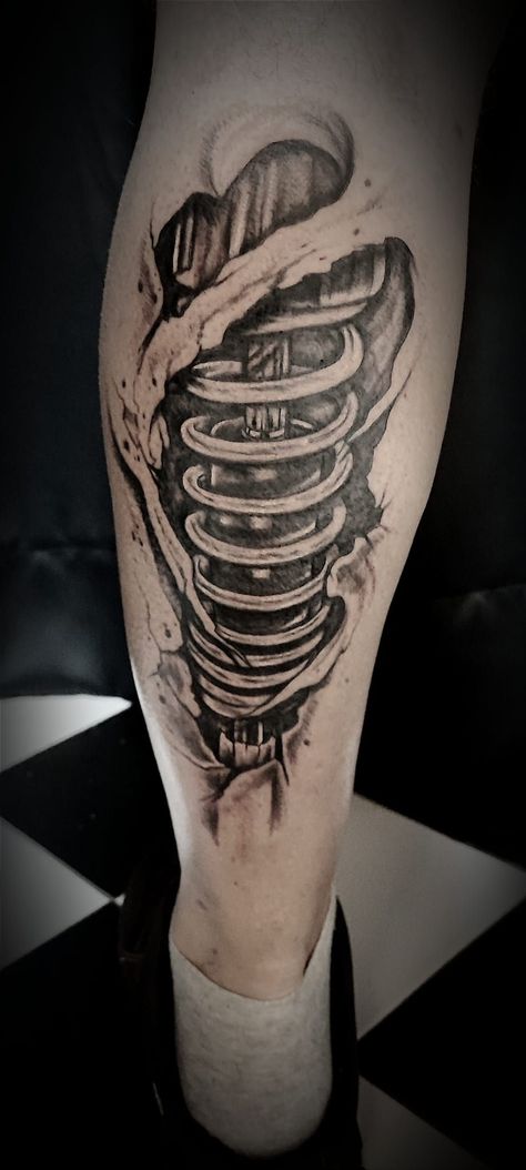 Biomechanical Tattoo Design Leg, Mechanic Tattoo For Men, Diesel Mechanics Tattoo, Calf Tattoo Men, Biomechanical Tattoo Design, Spartan Tattoo, Mechanic Tattoo, Diesel Mechanics, Biomechanical Tattoo