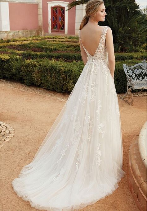 Wedding Dresses Illusion Back, Aline Lace And Tulle Wedding Dress, Illusion Strap Wedding Dress, A Line Wedding Dress Open Back, Garden Wedding Dress Bride, Garden Wedding Bridal Gown, Whimsical Lace Wedding Dress, Open Back A Line Wedding Dress, A Line Scoop Neck Wedding Dress