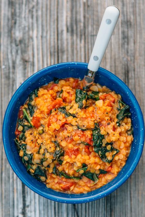 6 Recipes & Reasons to Cook One-Pot Camping Meals Red Lentil Recipes Easy, Cliff Bars, Coconut Stew, Coconut Kale, Red Lentil Stew, Lentil Kale, Vegetarian Camping Recipes, Kale Stew, Lentil Coconut