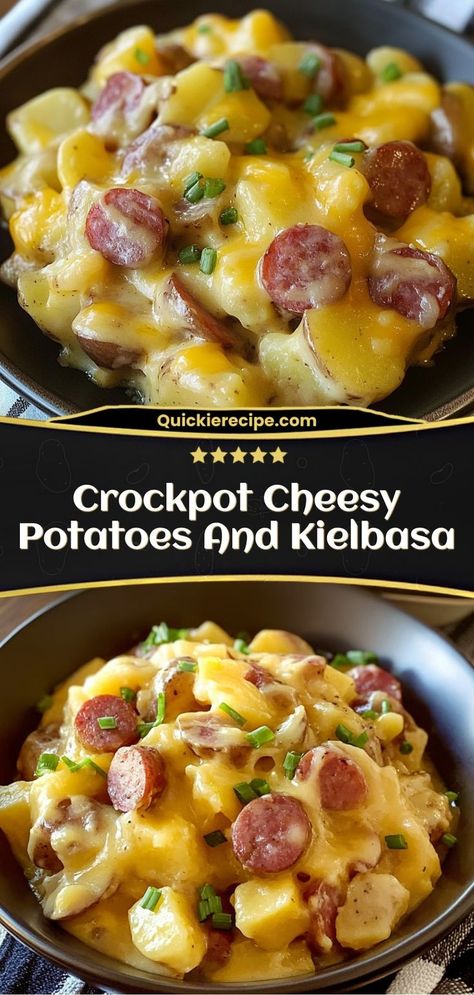 This Crockpot Cheesy Potatoes and Kielbasa is a creamy, cheesy dish made with tender potatoes, savory kielbasa, and melty cheese. An easy, crowd-pleasing comfort food! Ingredients: 1 lb kielbasa, sliced 4 cups diced potatoes 1 cup shredded cheddar cheese 1 can cream of mushroom soup A warm, cheesy crockpot favorite that’s perfect for family dinners or potlucks Easy Potluck Dishes Crockpot, Cheesy Potatoes And Sausage, Recipe With Canned Potatoes, Potluck Dishes Crockpot, Potatoes And Kielbasa, Potluck Recipes Crockpot, Easy Kielbasa Recipes, Crockpot Potluck, Crockpot Cheesy Potatoes