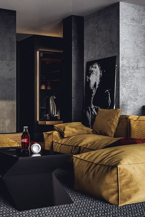 Masculine Interior Design, Dark Interior Design, Masculine Interior, Loft Interior Design, Loft Interiors, Flat Interior, Dark Interiors, Home Room Design, Home Fashion