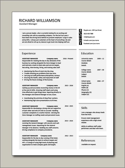 Immediately download this Free Assistant Manager resume template. It is in Microsoft Word (DOC) format, easy to edit, printable and can be fully customised. Ideal for any General, Restaurant, IT, Project or Senior jobs. #CV #template #Resume #Free #Job #application #MS #Word #General #Restaurant Nurse Manager Resume, Restaurant Manager Resume, Assistant Nurse Manager, Template Resume Free, Free Cv Template, Teacher Cv, Project Manager Resume, Nurse Manager, Cv Template Word