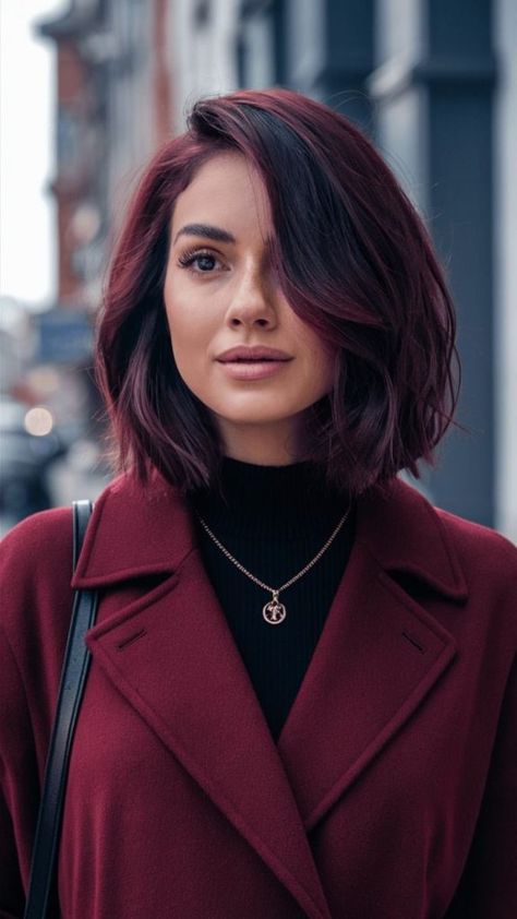 19 Stunning Shoulder Length Fall Hair 2024 Styles Featuring Color Blonde, Red and Brunette Trends with Fresh Cuts and Color Ideas Red Bob Hair, Urban Background, Cherry Hair Colors, Red Hair Trends, Fall Hair Color Ideas, Trending Hair, Cherry Hair, Dark Red Hair, Dark Brunette