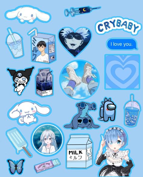 Blue Theme Stickers Printable, Blue Anime Stickers, Scrapbook Stickers Printable Blue, Aesthetic For Scrapbook, Blue Kawaii Stickers, Blue Theme Stickers, Aesthetic For Journal, Pastel Blue Stickers, Blue Stickers Printable