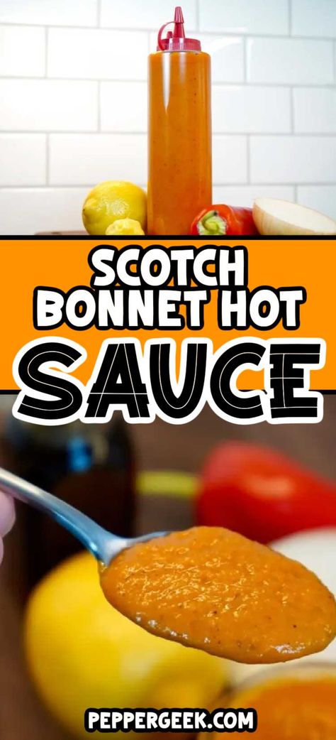 If you're looking for a spicy scotch bonnet hot sauce recipe, this one will do the trick! This spicy and tasty hot sauce recipe uses scotch bonnets for delicious flavor and heat. Spicy Hot Sauce Recipe, Jamaican Hot Sauce Recipe, Scotch Bonnet Pepper Recipes, Hot Sauce Recipe For Canning, Canned Hot Sauce Recipe, Hot Sauce Recipe Homemade, Scotch Bonnet Hot Sauce Recipe, Tabasco Sauce Recipe, Make Hot Sauce