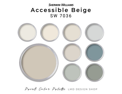 Sherwin Williams Accessible Beige paint color palette features this top-selling neutral. Unlike your average beige, Accessible Beige adds a touch of gray undertones, creating a snug and inviting atmosphere. Mix it with earthy tones for a delightful blend that's sure to please the eye. The whole house palette includes coordinating colors of soft neutrals, and smaller touches of green and blue for a cohesive overall paint color scheme. Beige Sherwin Williams, Whole House Paint Palette, Accessible Beige Sherwin Williams, Sherwin Williams Accessible Beige, Beige Paint Colors, Sherwin Williams Paint, Shoji White, Modern Palette, Accessible Beige