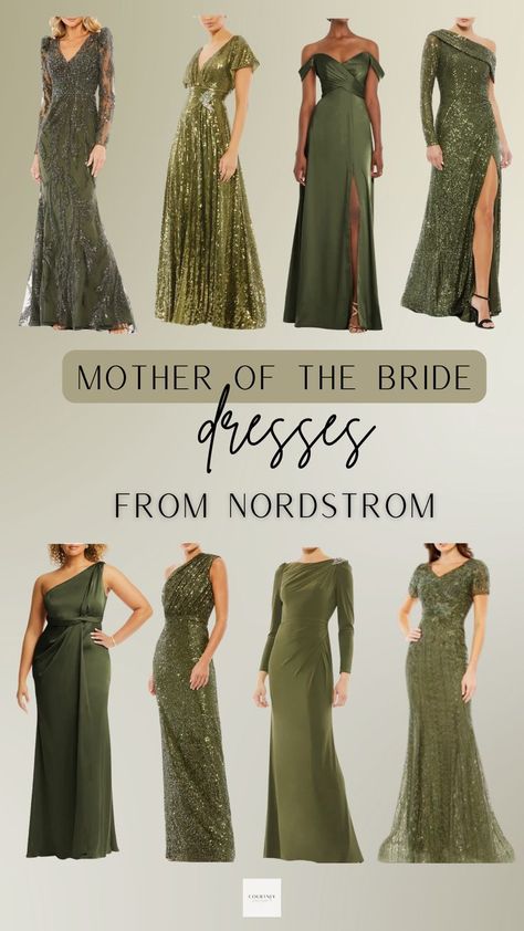 An assortment of elegant Mother of the Bride dresses in various shades of olive green, highlighting Nordstrom's diverse and refined wedding attire selection. Sage Green Wedding Dress, Victoria Wedding Dress, Mother Of The Groom Gowns, Olive Green Weddings, Forest Green Dresses, Bride Attire, Green Wedding Dresses, Groom Wedding Dress, Sage Green Bridesmaid Dress