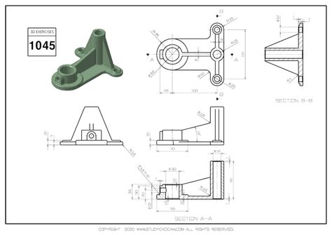 3D CAD EXERCISES 1045 - STUDYCADCAM 3d Cad Exercises, Cad Cam Design, Solidworks Tutorial, 3d Geometry, Autocad Tutorial, Autocad Drawing, 3d Drawings, Model Drawing, Electronic Engineering