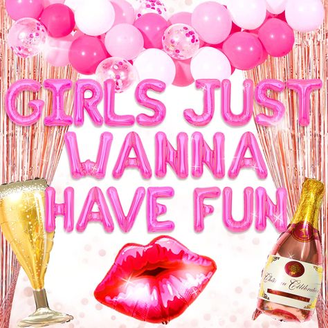 PRICES MAY VARY. Our Girls Just Wanna Have Fun backdrop set has it all to make this a big awesome day This set of Girls Just Wanna Have Fun decorations can be use pajama party, slumber party, bach party, bridal shower You will get 1 x Girls Just Wanna Have Fun 16 inch letter balloons, 1 x rose gold curtain,1 x wine balloon,1 x cup balloon, 40 x rose gold balloons DIY your Girls Night Out party! Use our balloons and backdrop to celebrate your impressive moment If you have any problem, please let Girls Night Decorations Party Ideas, Girls Just Wanna Have Fun Bachelorette, Preppy Party Decorations, Rose Gold Curtains, Kids Pamper Party, Slumber Party Decorations, Mean Girls Party, Event Planning Themes, Adult Party Decorations