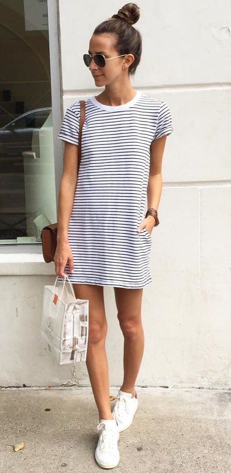 A striped t-shirt dress, white sneakers, and aviators. Perfect Travel Outfit, Mode Tips, Striped T Shirt Dress, Holiday Essentials, Frayed Denim, Denim Short, Mode Inspo, Kendall Kylie, Inspired Outfits