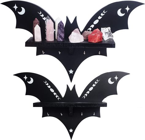 Bat Shelf, Aesthetic Lovers, Coffin Shelf, Oddities And Curiosities, Wall Decor For Kitchen, Gothic Decor Bedroom, Crystal Shelf, Witchy Room, Gothic Wall Decor