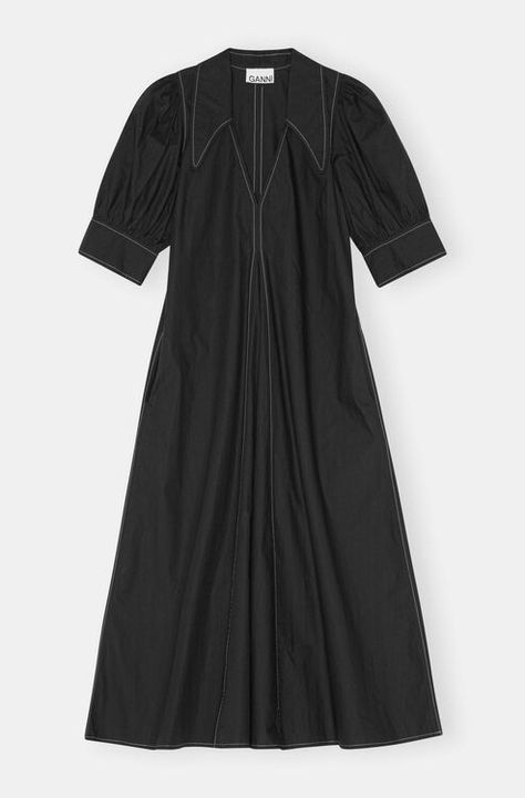 Poplin Midi Dress, Black Ganni Dress, Short Sleeve Midi Dress, Organic Cotton Dress, Cotton Slip, V Neck Midi Dress, Maxi Robes, Midi Short Sleeve Dress, Sleeve Midi Dress, Poplin Fabric