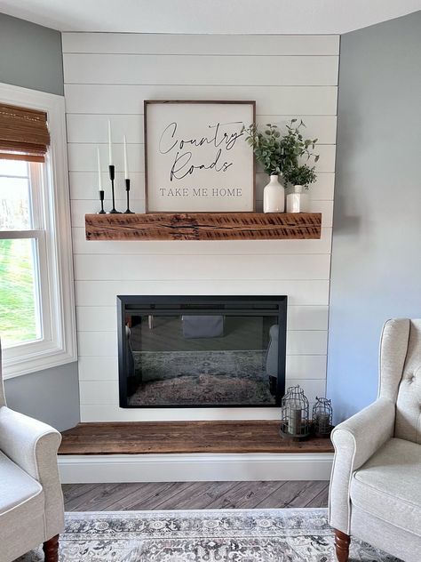 Electric Farmhouse Fireplace, Corner Fireplace Design Farmhouse, Modern Farmhouse Entertainment Center Decor, Corner Electric Fireplace Ideas With Tv Diy, Diy Corner Shiplap Fireplace, Living Room Decor Mantle, Country Mantle Decor Farmhouse Style, Corner Fireplace Ideas Shiplap, Shiplap Mantle Decor