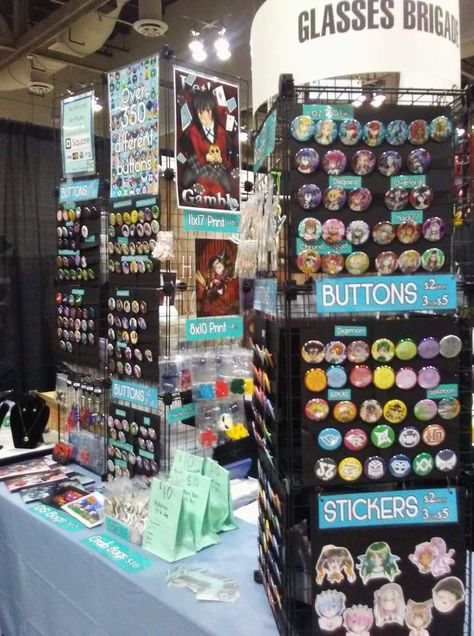 Button Pin Display Artist Alley, Button Display Artist Alley, Artist Alley Button Display, Button Badge Display, Convention Setup, Stand Reference, Art Festival Booth Display, Nerdy Diy, Festival Booth Display