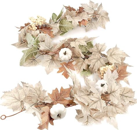 Subtle, elegant, perfect fall tones. Wedding Fireplace, Fall Garlands, Thanksgiving Home Decorations, Leaf Pumpkin, Outdoor Garland, Vine Decoration, Fall Leaf Garland, Hanging Vines, Swag Wreath