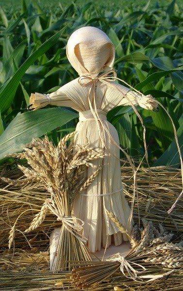 In Ireland and Scotland, the first farmer to finish the grain harvest made a corn dolly, representing the Cailleach (also called “the Carlin”), from the last sheaf of the crop. The figure would then be tossed into the field of a neighbor who had not yet finished bringing in their grain. The last farmer to finish had the responsibility to take in and care for the corn dolly for the next year, with the implication they’d have to feed and house the hag all winter. (McNeill) Corn Husk Crafts, Corn Dolly, Corn Husk Dolls, Deco Champetre, Pagan Crafts, Corn Field, Corn Husk, Spirit Dolls, Harvest Season