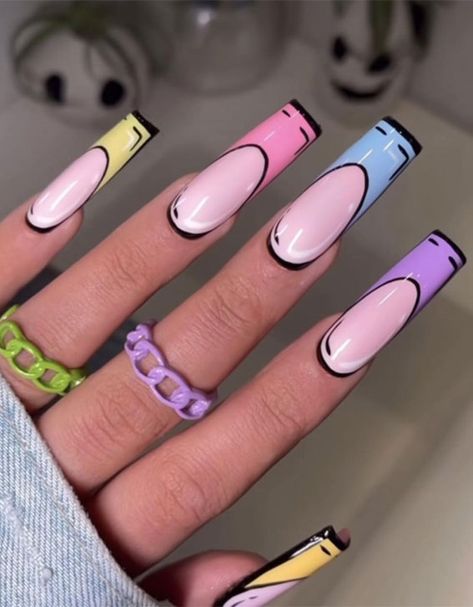 Cartoon Nails Animated, Nails Inspiration Cartoon, Cartoon French Tip Nails, Cartoon Style Nails, Nails Acrylic Cartoon, Cartoon Nails Art, Pink Cartoon Nails, Cartoon Nails Design, Cartoon Pop Art Nails