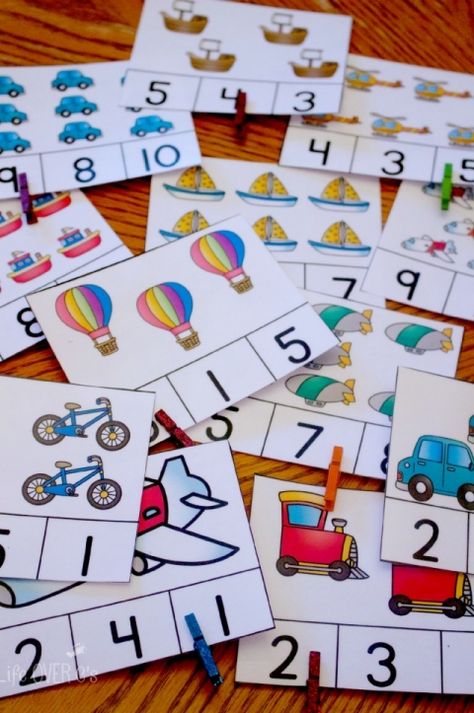 Over 25 sets of themed count and clip cards... great for preschool and kindergarten math centers! Transportation Preschool, Math Centers Kindergarten, Prek Math, Transportation Theme, Numbers Preschool, Math Numbers, Preschool Printables, Clip Cards, Education Kindergarten