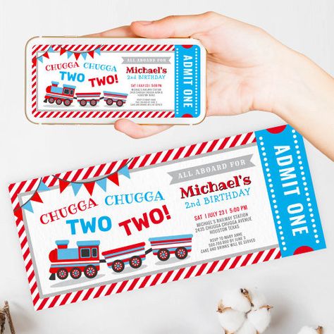 Chugga Chugga Two Two Train Ticket Birthday Invitation #zazzle #weddinginvitations #birthdayinvitations #babyshowerinvitations #zazzleinvitations #monogram #businesscards #graduation #homedecor Train Themed Second Birthday, Chugga Chugga Two Two 2nd Birthday, Chuggington Birthday Party, Chugga Chugga Two Two Birthday, Vintage Train Birthday Party, Train Ticket Invitations, Vintage Train Party, Ticket Birthday Invitation, Chugga Chugga Two Two