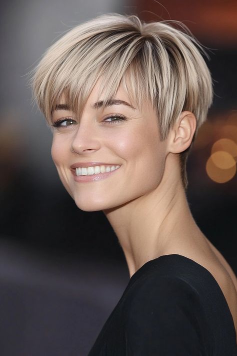 Click for More ➡️ | Save for Later ❤️A pixie cut with an elongated fringe that blends seamlessly into the rest of the hair. The cool beige blonde shade gives it a soft, sophisticated touch. (Pixie with Long Fringe in Cool Beige Blonde - Pixie Haircuts With Bangs) Wavy Pixie, Textured Bangs, Middle Part Hairstyles, Parted Bangs, Asymmetrical Pixie, Face Framing Bangs, Light Ash Blonde, Sandy Blonde, Blonde Pixie Haircut