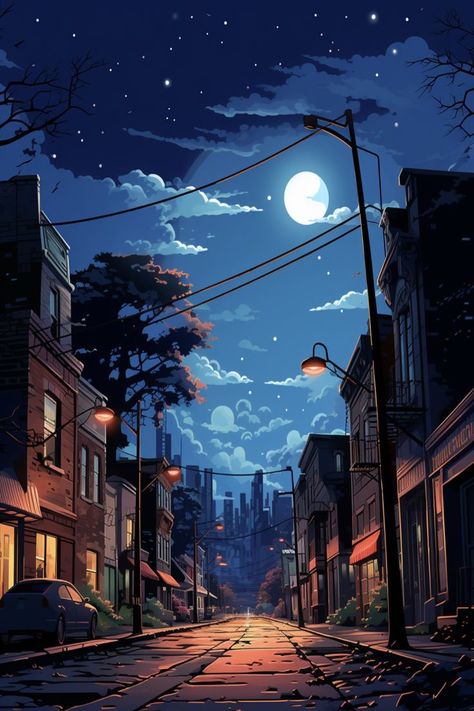 A moonlit urban street bathed in serene beauty; rain-slicked roads reflect the amber glow of street lamps. Majestic buildings border the scene, while the sky, a surreal expanse, is dotted with twinkling stars and a luminous moon, capturing the essence of a tranquil nighttime cityscape. Night Sky Landscape, Road Painting, Nature Canvas Art, Night Sky Painting, Serene Nature, Moonlit Night, Night Background, City Drawing, Scenery Pictures