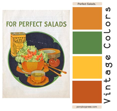 Vintage Color Palette - Perfect Salad. Hex codes on the blog and a peek inside the vintage Mazola recipe Book. Ponyboy Press Vintage Color Palette, Vintage Color Schemes, Perfect Salad, Vintage Colour Palette, Color Script, Hex Codes, Hex Color Codes, Bible Coloring, Food Packaging Design