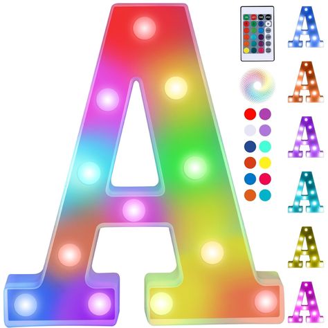 Upgraded Light Up Letters,Colorful Marquee Light Up Letters with Remote,Marquee Letters for Girl Gifts Teen Girl Gifts Trendy Stuff,Birthday Party Decoration (A) Description and features Colorful light up letters: Use the remote control to switch different colors, this upgraded marquee letter light can change 16 colors to fit your use in special events such as party festival wedding or daily use.Buying this colorful light up letters will meet your different needs of color. Product Size:8.86X7.87X1.77 inches. Requires 2 AA batteries, not included. Hanging holes and On/ Off switch on the back. Can be displayed stand alone or hang on the wall.Perfect girl gifts,teen girl gifts trendy stuff. 16 Colors & 4 Modes Upgraded light up letters:you can choose the color of light that you want with 4 li Lighted Marquee Letters, Trendy Stuff, Light Up Letters, Marquee Lights, Light Letters, Marquee Letters, Perfect Girl, Birthday Party Decoration