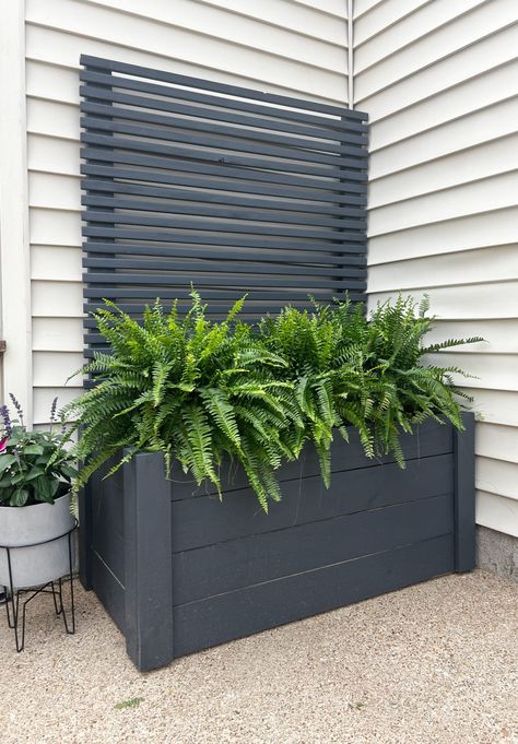 DIY Raised Planter Box (Just 5 Steps!) - Salvaged By Sammie Flower Box With Lattice, Privacy Screen Planter Boxes, Planter Box With Privacy Screen, Diy Modern Planters Outdoor, How To Build A Planter, Diy Rectangular Planter Boxes, Diy Planter Boxes Outdoor Cheap, Diy Large Planters, Planter Ideas Outdoor