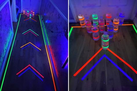 Glow In The Dark Bowling Diy, Diy Bowling Alley, Glow In The Dark Bowling, Steam Night, Diy Bowling, Glow Party Decorations, Project Graduation, Cosmic Bowling, Glow Theme Party