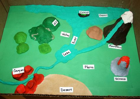 Landform diorama using play doh in the bottom of a cardboard box. Landforms Diorama, Landform Diorama, Landforms Project, Landform Projects, Elementary School Projects, Land Forms, Third Grade Social Studies, Social Studies Projects, Kindergarten Social Studies