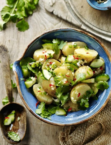 We just need copious spoonfuls of this Jersey potato salad with Thai flavours to see us through Greek Potato Salad, Healthy Potato Salad Recipe, Potatoe Salad, Sainsburys Recipes, Potato Salad Healthy, Greek Potatoes, Salad Recipes Video, Side Dishes For Bbq, Summer Side Dishes