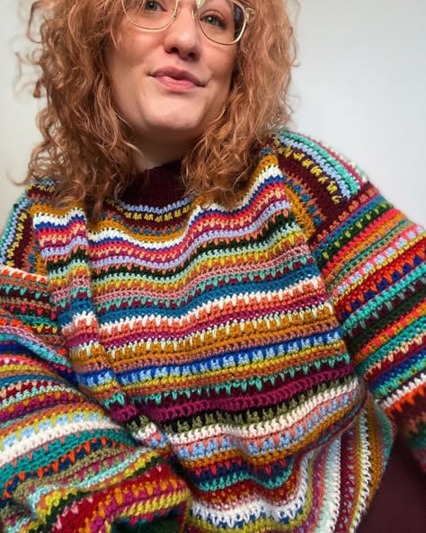 Scrap Yarn Crochet Sweater Pattern, Funky Crochet Sweater Pattern, Multi Stitch Crochet Sweater, Stash Buster Crochet Sweater, Crochet Multicolor Sweater, Crochet Sweater Scrap Yarn, Multicolour Yarn Crochet Ideas, Scrap Buster Crochet, Crochet Scrap Yarn Sweater Pattern Free