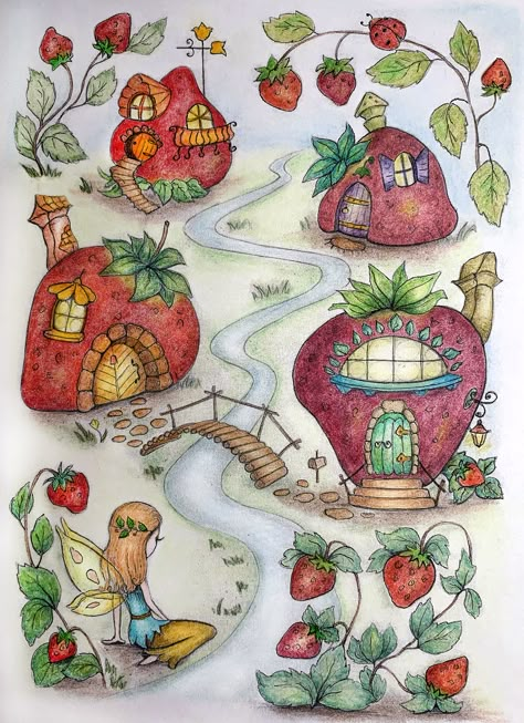 Fairy House Drawing, Fairy Garden Drawing, Strawberry Drawing, Village Drawing, Kunstjournal Inspiration, Fairy Drawings, Desain Buklet, Storybook Art, Art Mignon