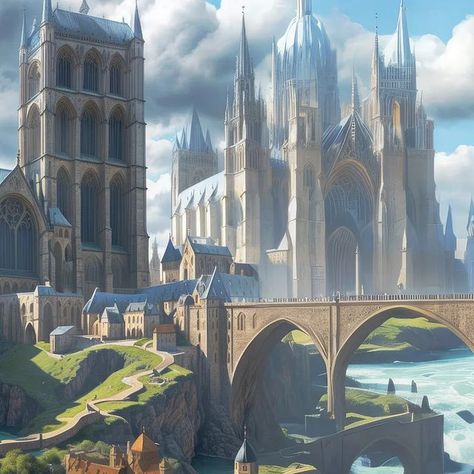 Fantasy / Sci-Fi / Architecture / AI Art on Instagram: "The cathedrals of Misthaven, by the winding rivers. #cathedral #town #fantasyart #fantasy #fantasyartwork #oldtown #madewithphotoshop #landscape #ai #artgallerys #digitalart #digitalartdesign #fantasylandscape #fantasyland #landscapeart #landscapeartist #natureart #sceneries #conceptart #cgartist #cgart #instaartworks #instagramartists #medievaltown #fantasydaily" Sci Fi Cathedral, Fantasy Cathedral Art, Fantasy Cathedral, Sci Fi Architecture, Fantasy Sci Fi, Medieval Town, Digital Art Design, Landscape Artist, Fantasy Artwork