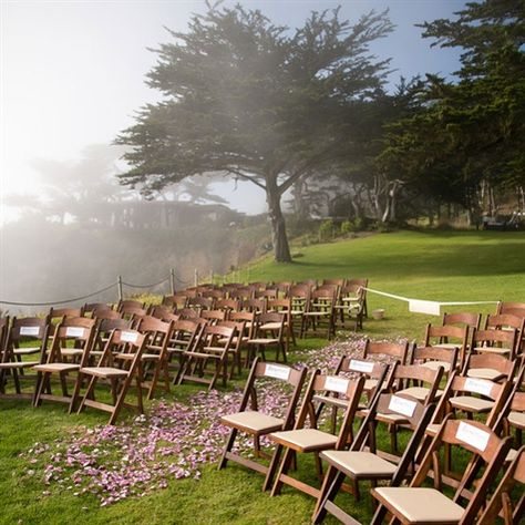 Dark Brown Ceremony Chairs...Guests sat on dark wooden folding chairs during the ceremony Brown Chairs Wedding, Barbados Wedding, Backyard Wedding Ceremony, Small Backyard Wedding, Wooden Folding Chairs, Ceremony Chairs, Wedding Chair Decorations, Beautiful Outdoor Wedding, Wooden Chairs