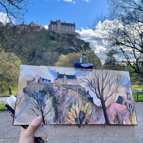 Alice Newman on Instagram: "A spring filled day in Edinburgh soaking up some inspiration at exhibitons and then some plein air painting in Princes St Gardens. The gardens were full of spring energy, there’s colour bursting out everywhere, and I had lots of lovely chats with passers-by. I’m so pleased with how this turned out too, it really captures the energy of the day, and all those lovely new greens that are starting to fill the trees. Can’t wait to get this to the framers.  #edinburgh #edinburghart #walktosee #mixedmediaart #edinburghcastle #pleinair #sketchbook #spring #scottishart #visitscotland #edinburghlife #pleinairpainting #sketchbookart" Spring Energy, Color Pencil Illustration, Air Painting, Scottish Art, Visit Scotland, Edinburgh Castle, Plein Air Paintings, Pencil Illustration, New Green