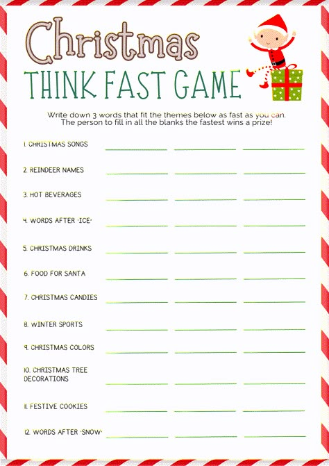 Printable Christmas Think Fast Game is a fun way to enjoy Christmas parties.  Perfect for all ages and can be played a variety of ways for a good time. Grab this free printable for your next holiday party or for a classroom activity. Christmas Quiz And Answers, Printable Christmas Quiz, Christmas Day Games, Christmas Quizzes, Holiday Gift Exchange Games, Think Fast Game, New Years Inspiration, Free Christmas Games, Christmas Carol Game