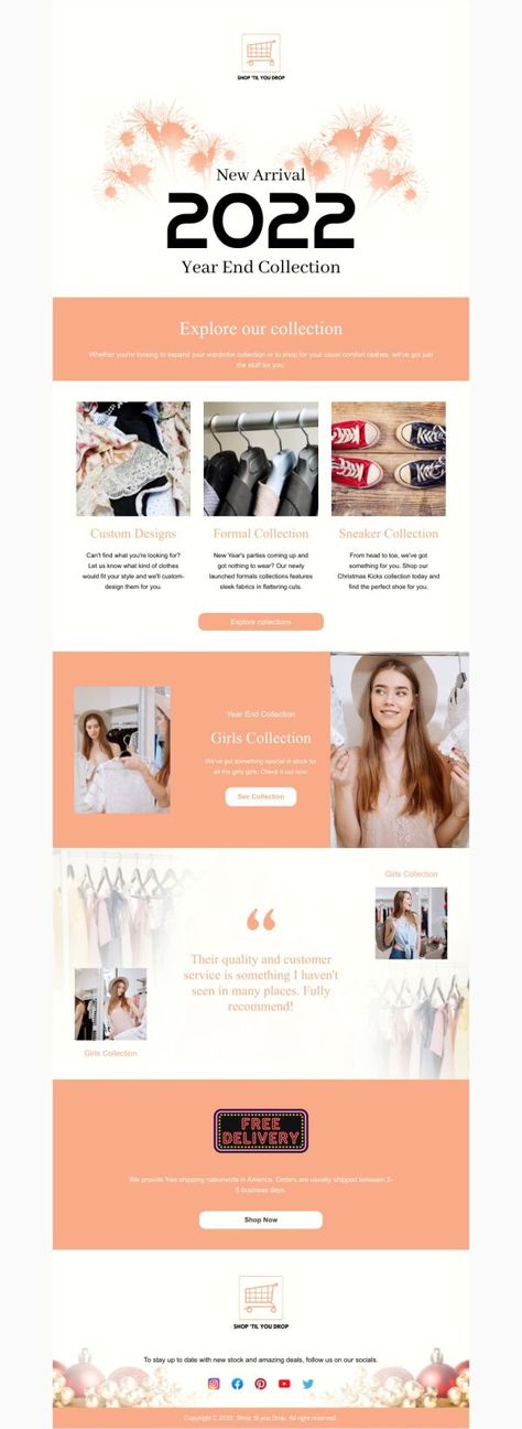 With PosterMyWall's Email Maker, you can customize design templates for New Arrival email marketing campaigns in minutes. Choose a design, edit, and publish directly from PosterMyWall. New Arrival Email Template 'Wardrobe Collection' for New Year. Tags: wardrobe, collection, email, template, shoe, retail, new, year, product, arrival, clothing, Free New Arrival Email Templates Email Layout, Design Edit, Email Template, Email Marketing Campaign, Html Email, Online Ads, Kinds Of Clothes, Email Design, Email Templates