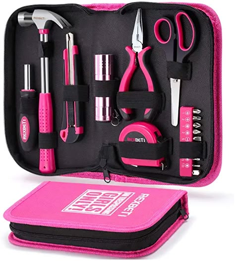 Apartment Tool Kit, Pink Tools For Kids, Tools Set For Men, Pink Tool Set, Girl Tools, Pink Tool Box, New Electronic Gadgets, Round Pouch, Pink Tools