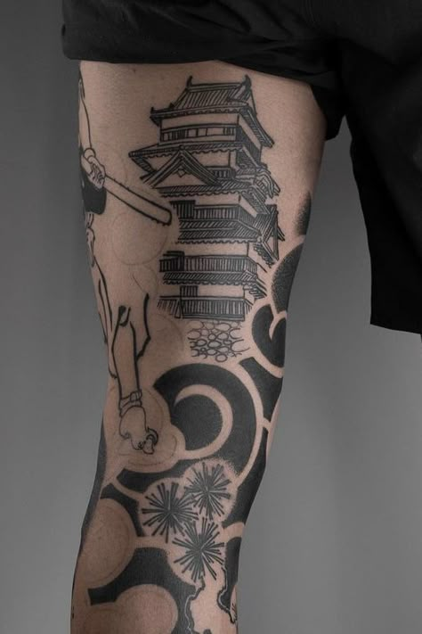 Leg Japanese Tattoo, Western Leg Sleeve, Japanese Tattoo Art Men, Small Asian Tattoo, Asian Sleeve Tattoo, Leg Sleeve Tattoo Design, Leg Tattoo Inspiration, Blackwork Japanese Tattoo, Ganpati Tattoo