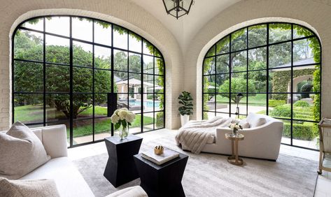 Black Framed Arched Windows, Italian Villa Modern Interior, Mediterranean Exterior Design Style, French Modern Home Interiors, Architectural Aesthetic, Arch Windows, Modern French Provincial, Dallas Homes, Arched Windows