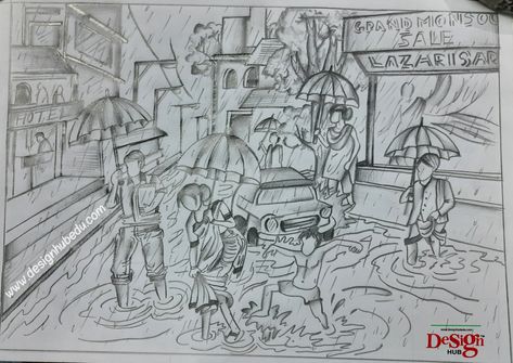 Sketch Rainy Days, Memory Drawing Of Rainy Season, Rain Scenery Drawing, Rainy Season Sketch, Rainy Day Composition Drawing, Rainy Day Memory Drawing, Rainy Day Drawing Pencil, Rainy Season Illustration, Rainy Day Scenery Drawing