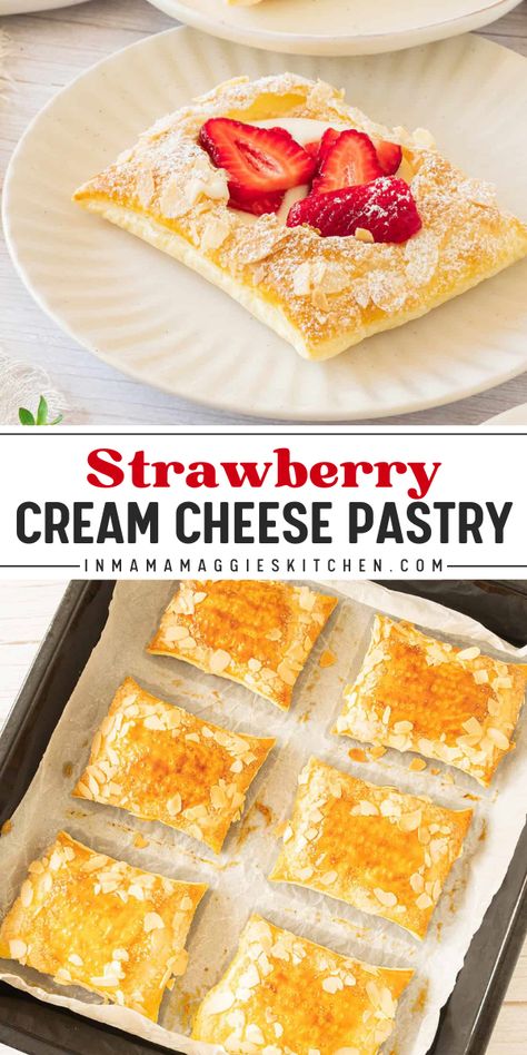 Wondering what to serve at Christmas morning breakfast? Your holiday brunch ideas must have this easy strawberry cream cheese pastry! With a crispy, golden crust and a strawberry cream filling, this puff pastry recipe is delicious! Cream Cheese Pastry Recipes, Puff Pastry Recipes Breakfast, Strawberry Cream Cheese Danish Recipe, Homemade Breakfast Ideas, Strawberry Breakfast Recipes, Holiday Brunch Ideas, Strawberry Cream Filling, Recipes Using Puff Pastry, Breakfast Pastry Recipes