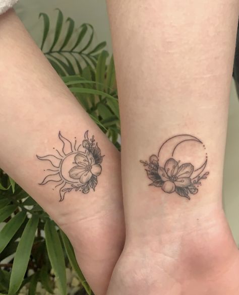 tattoo on wrist, moon and sun, flowers Moon And Sun Tattoo, Mommy Daughter Tattoos, Sun And Moon Tattoos, Maching Tattoos, Cute Matching Tattoos, Tramp Stamp Tattoos, Small Matching Tattoos, Health Tattoo, Matching Sister Tattoos