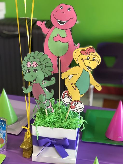 Barney centerpiece Barney Centerpieces Ideas, Barney Birthday Party Ideas, Barney Party Ideas, Barney Birthday Party Decorations, Barney Themed Birthday Party, Barney And Friends Birthday Party Ideas, Barney Birthday Cake, Barney Birthday Party, Barney Dinosaur